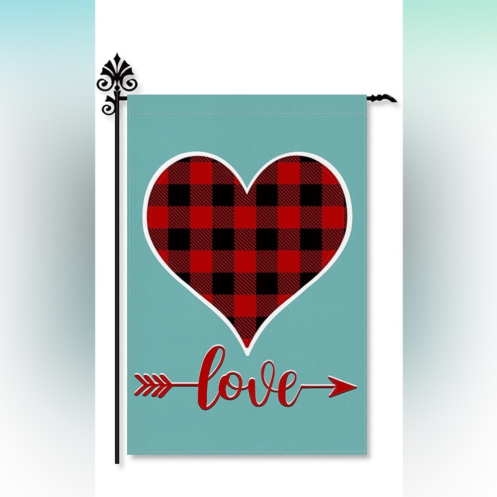 Teal Valentine's Day Garden Flag for Home - Buffalo Plaid Love Heart  12"x18"